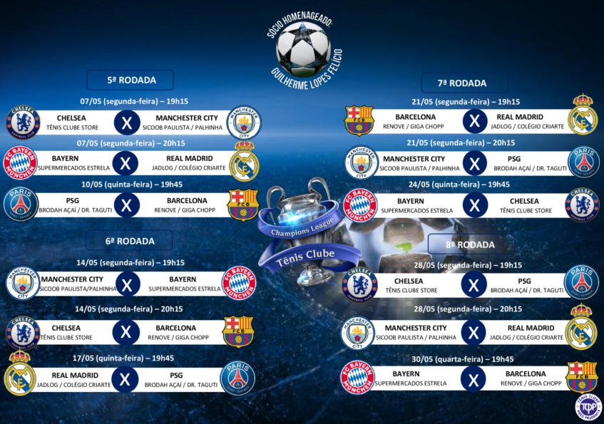 Tabela de jogos oficiais da Champions League é divulgada Tenis Clube